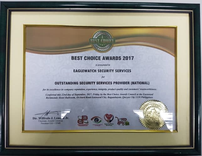 Best Choice Awards 2017 framed certificate
